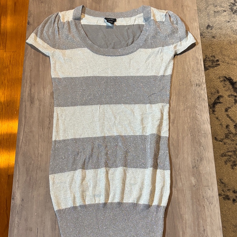Rue21 Glittery Silver and Gray Striped Tee